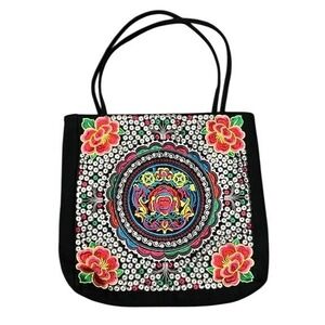 Mexican Style Embroidered Black Canvas Tote Bag Boho Sequin Ethnic Shoulder Bag